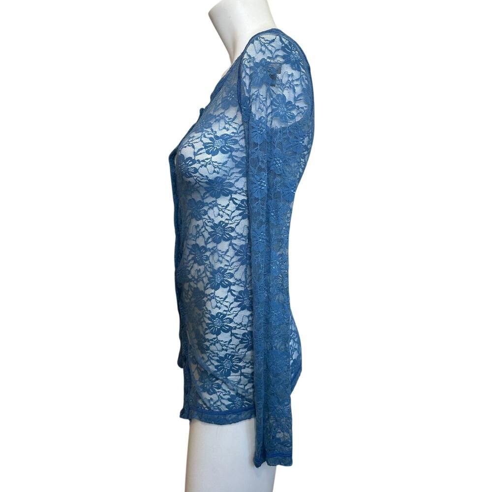 Theodore Beverly Hills Blue Floral Lace Sheer Button Front Top XS Y2K USA - Picture 4 of 11